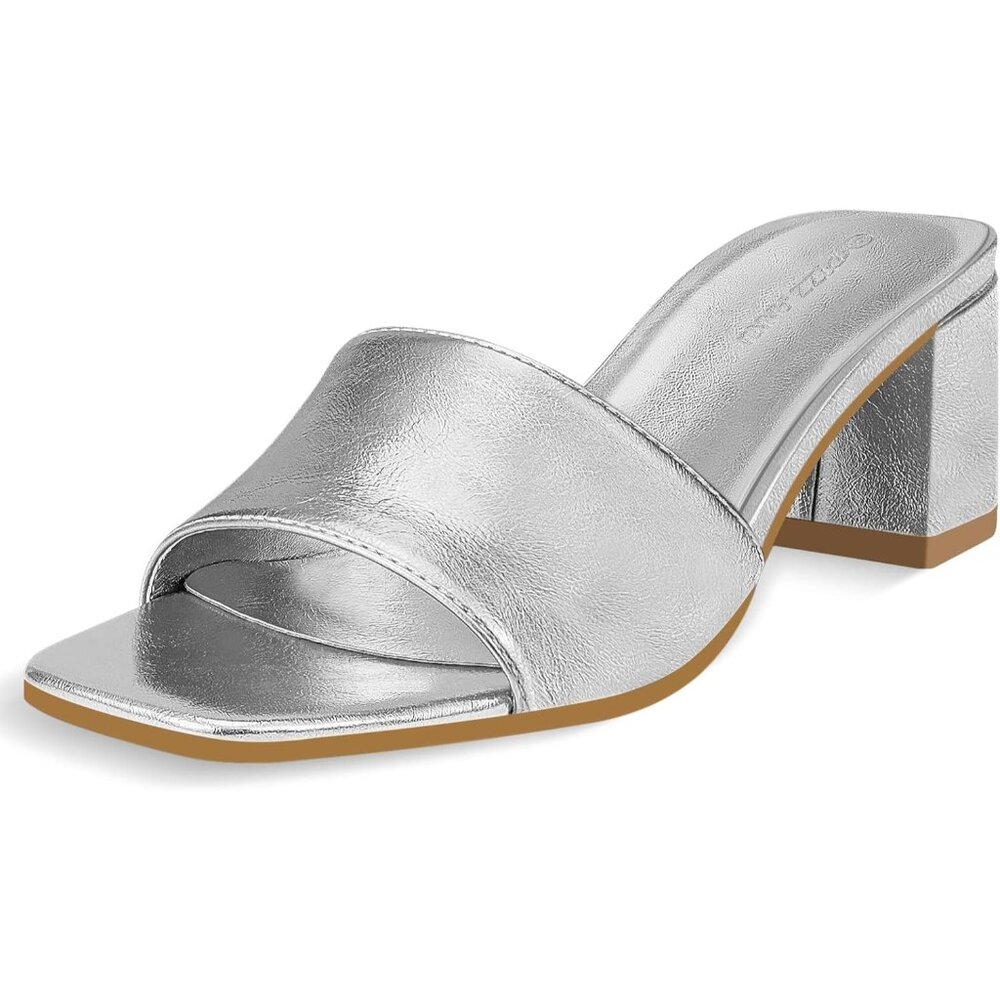🆕Women's Silver Square Open Toe Heels Sandals Low Block Chunky Heeled Sandal